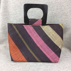 Vintage top zip straw satchel striped